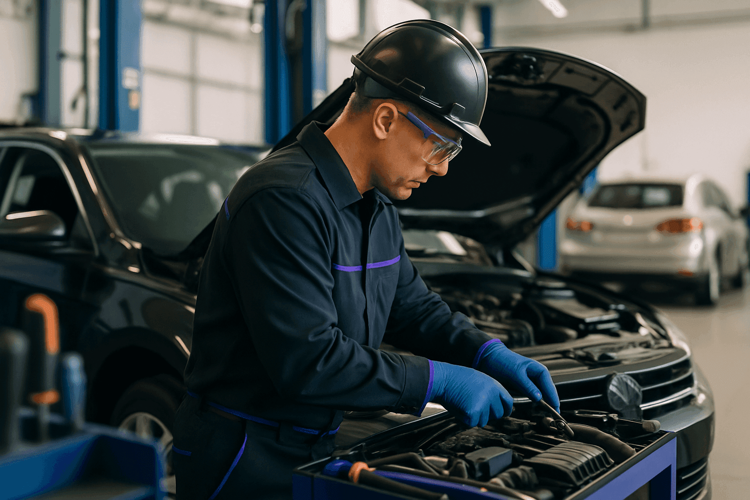 Technician in PPE working on car engine in clean, organized auto repair garage