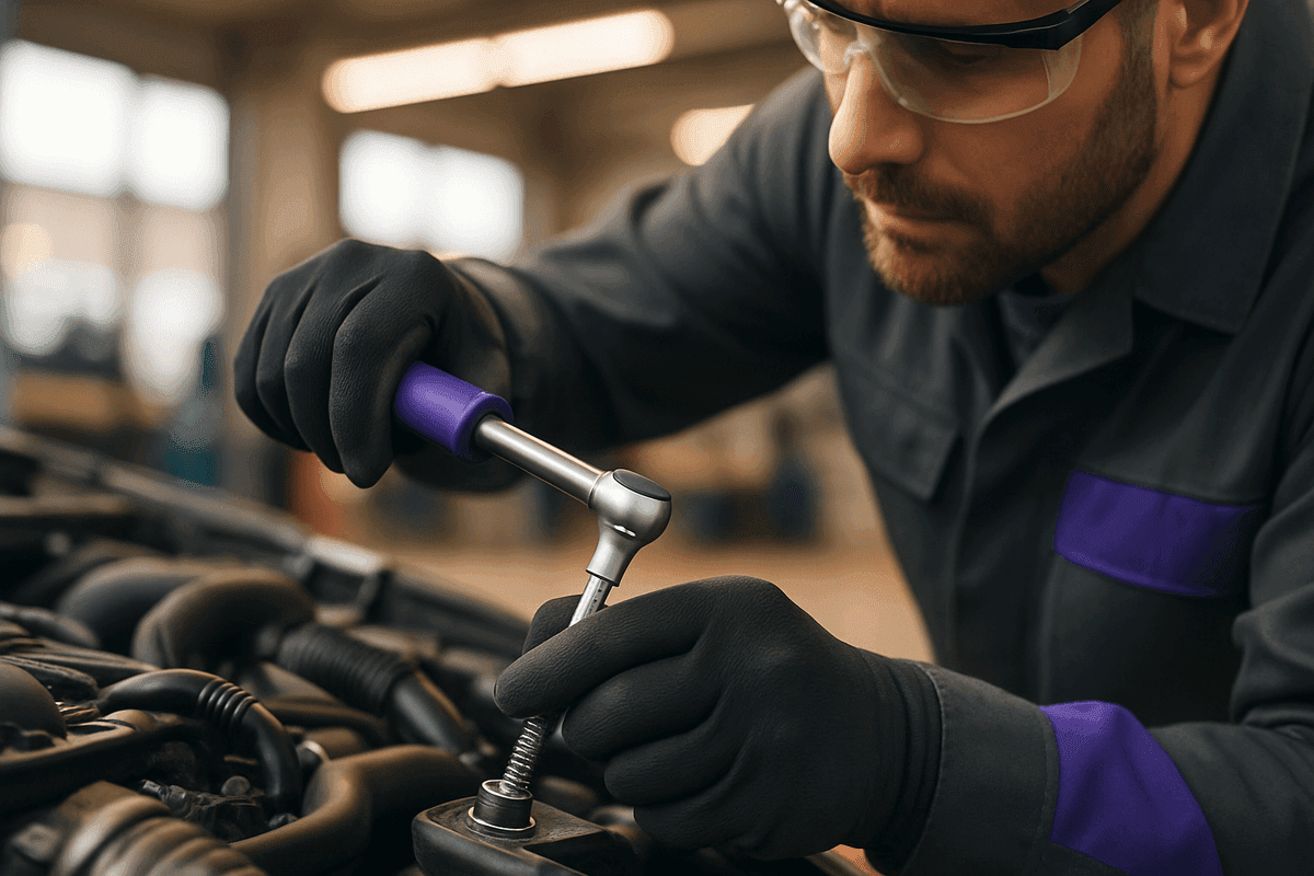 Gloved hands tightening bolt on car engine part in well-lit professional auto repair shop